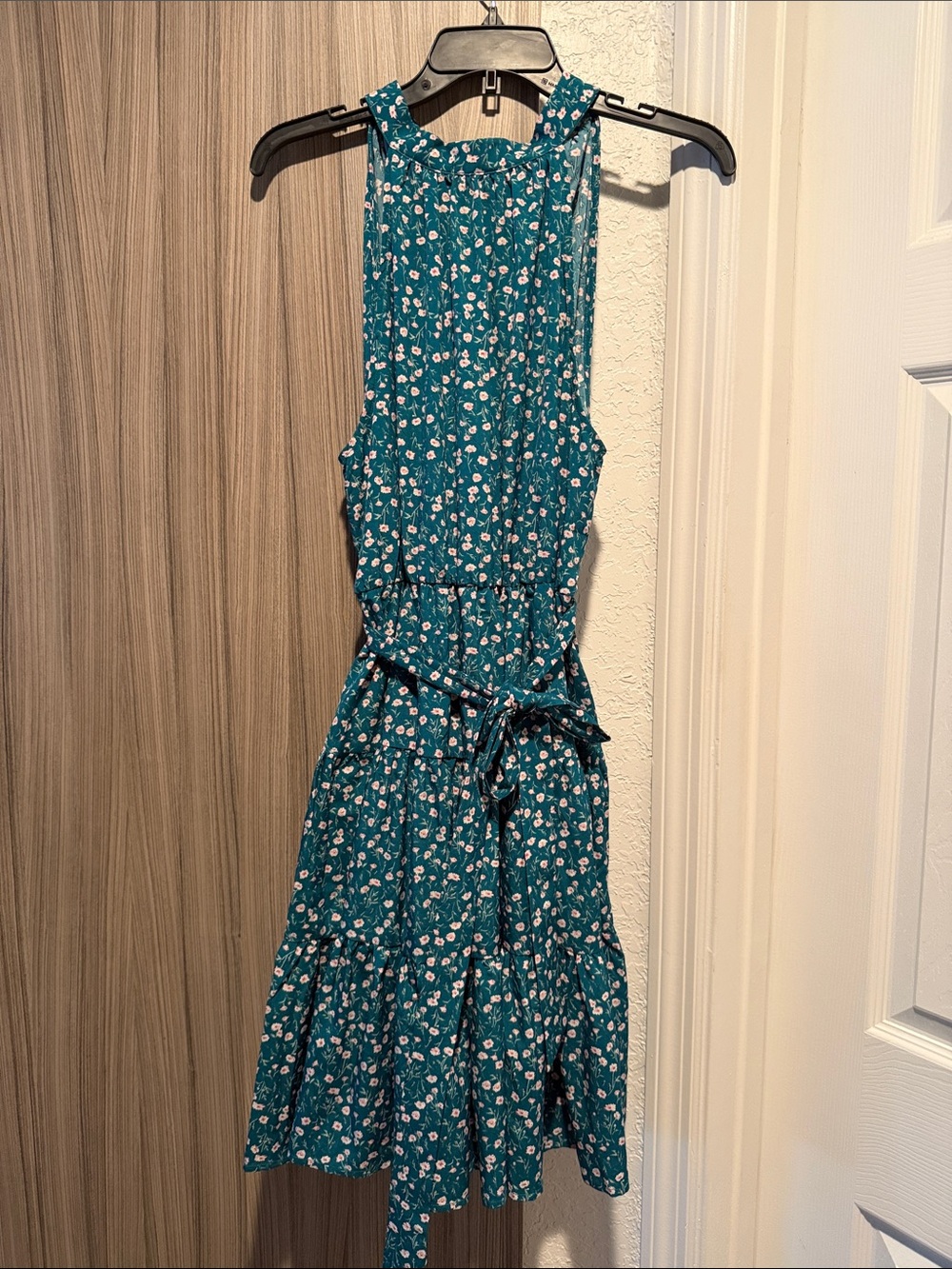 SHEIN Teal Floral Tie-Waist Midi Dress